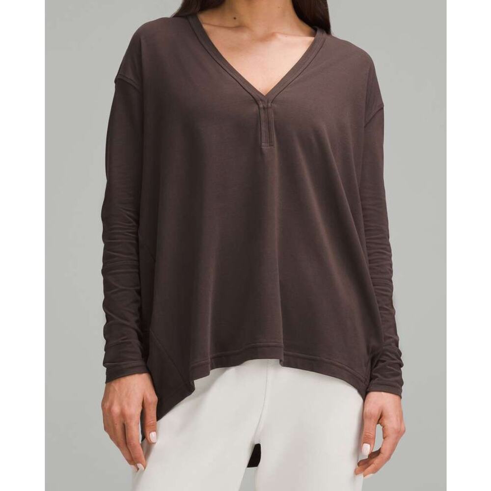 Lululemon Back In Action V-Neck Brown Long-Sleeve Shirt Pima Cotton Size 6